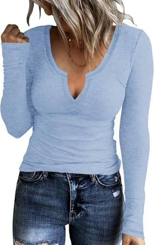 TrendiMax Womens Long Sleeve Notch V Neck T Shirts Ribbed Fleece Knit Casual Slim Fitted Tops Tee Shirt