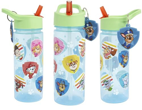 Paw Patrol 500ml Kids Water Bottles with Straw by Polar Gear - Back to School Supplies Drinks Bottle with Chase Keyring Charm