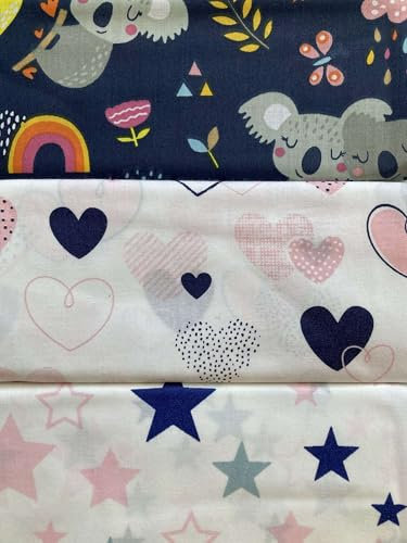Keine Meterware, Mädchen Stoffpaket 3x50x150cm, Stoffe zum Nähen, Stoff für Kinder, 100% Baumwolle: 1,5m Baumwollstoff Stoffset - Tiere Herzen Sterne Kinderstoff Anna
