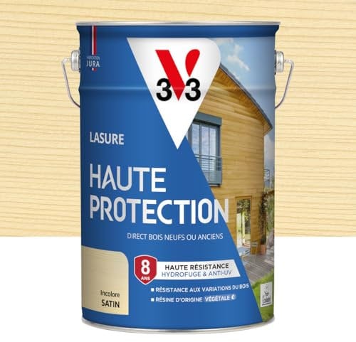 V33 Lasure Bois extérieur Incolore satin - Haute Protection 8 ans - Haute résistance hydrofuge et anti-UV - Résiste aux variations du bois - Ecolabel, résine d'origine végétale - 5L