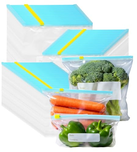 ZEONHEI 90 Stück Zipper Gefrierbeutel Set, 3l/1l/0,5l Wiederverwendbare Zip Gefrierbeutel, Plastilk Lebensmittelbeutel für Gemüse, Snacks, Sandwiches und Fleisch, Kühlschrank, Küche Aufbewahrung