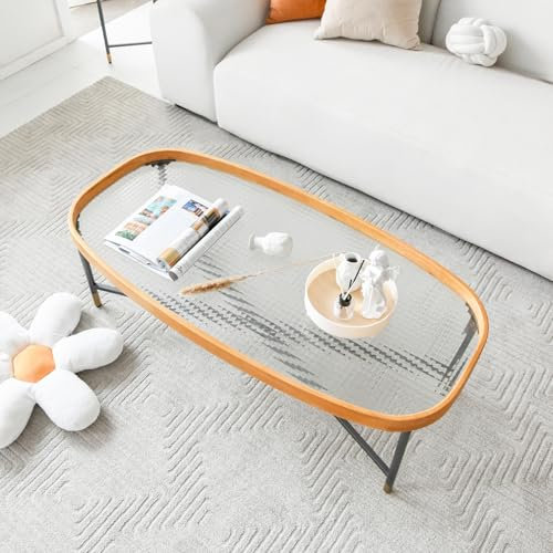Ovaler Couchtisch aus Glas, Tischplatte aus gehärtetem Glas und Metallrahmen, Cocktailtisch, Beistelltisch für kleinen Raum, Wohnzimmer, Schlafzimmer, Möbel, Glas-Couchtisch, Eisglas (Square Glass)