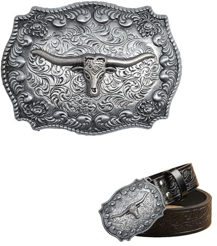 SEABABOO Gürtelschnalle Stierkopf 3D Bull Gürtelschnalle Longhorn Bull Gürtelschnalle Silver Gürtel Schnalle Cowboy Belt Buckle Gürtelschnalle Vintage Wechselgürtel für Herren (Stierkopf, Silber)