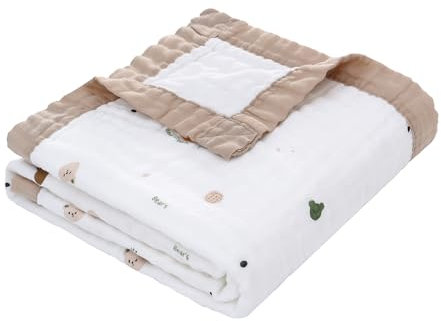 Musselin Babydecke für Babys 6-Lagig Kinder Baumwolle Decke Weich Atmungsaktiv Wickeldecke Einschlagdecke Mädchen Junge 110x110cm (Cartoon-Bär)