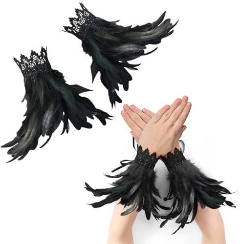 Herbst 1 Paar Feder Manschetten Hand Federn Schwarz Damen Spitze Feder Fingerlose Handschuhe für Halloween Karneval Kostüm Rollenspiel Party Game (Schwarz, M)