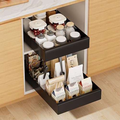 Tiroir Coulissant Cuisine, 2 Pièce Organisateur D'Armoires De Cuisine Extensible Tiroir Coulissant Telescopique Cuisine pour Placard de Cuisine pas Besoin de Percer (25cm x 43cm x 7 cm) (Noir)