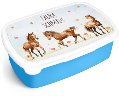 GRAVURZEILE Bedruckte Lunchbox - Pferde - Personalisiert mit Namen - Brotdose für Kinder - Individuell bedruckt mit Wunschmotiv - Platzsparend stapelbar - Perfekt für Schule & Kita - Farbe: Blau