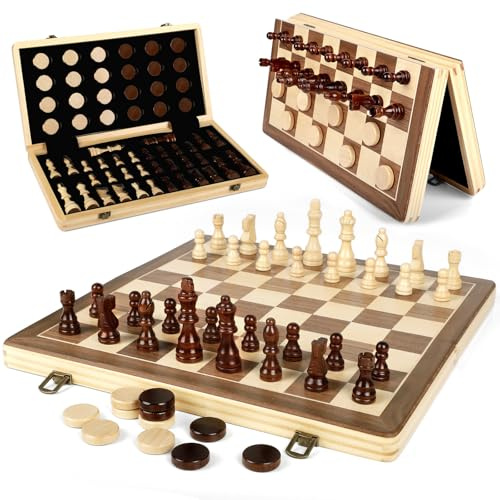 LEAP Magnetic Wooden Chess Sets 15.5 inch Foldable Chess Board 3 inch King Height Chess Pieces, Upper Checker Storage Slots for Beginer, Adults