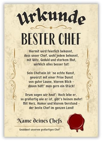 Palanemo Urkunde Bester Chef personalisiertes Geschenk für den Chef Geschenkidee lustig Geburtstag