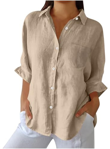 Generico Camicia Donna Estiva Elegante Blusa Cotone Lino Manica Lunga Camicette Donna con Bottoni e Tasca Lavoro Casual Top Camicetta da Spiaggia Tinta Unita Classico