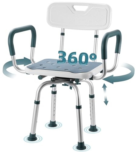 Swivel Shower Chair with Arms and Back, 400 lbs Heavy Duty Shower Stool for Inside Shower Stall and Bathtub, Height Adjustable Rotating Shower Chair Seat for Elderly, Adults, Handicap and Disabled
