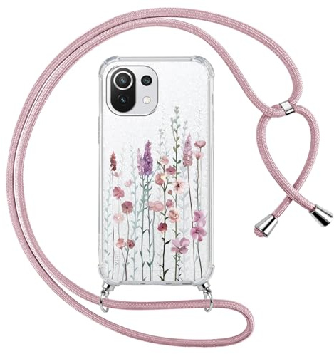 Yoedge Handykette Handyhülle für Xiaomi Mi 11 Lite Hülle mit Band, Durchsichtig Aesthetic Muster Blumen Case mit Kordel zum Umhängen, Weiche Silikon TPU + PC Stoßfest Schutzhülle Cover, 03