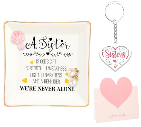 Ceramic Jewelry Tray Birthday Gifts for Sister, sister-in-law Friendship Gifts Trinket Dish with Keychain Greeting Card,To My Sister Ring Tray for Earrings Necklaces Bracelet Watch Keys, Birthday Gift