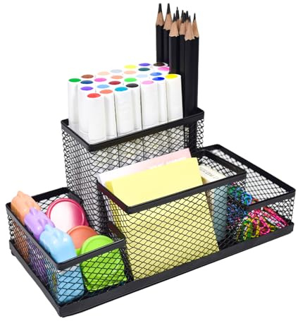 Marte Vanci Mesh Desk Organiser, Metal Pen Holder Office Desktop Pen Pot Tidy Caddy with 4 Compartments Multifunctional Storage Organiser for Pencils Stationery Home School Craft Supplies