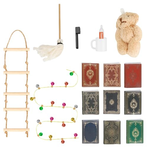 Miniatur Wichtel Zubehör, 16-teiliges Wichtelset mit Wichtel Lichterkette Strickleiter Miniatur Bücher Wichtel Zahnbürste Zahnpasta Mini Stoffbär Besen Puppenhaus Zubehör Weihnachten Deko