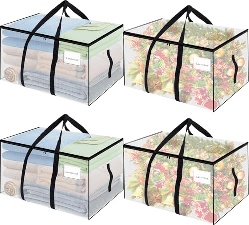 Lanswood 4 Stück 91L Aufbewahrungstasche mit Deckel Heavy-Duty Umzugstaschen Transparente Umzugskartons Groß mit Reißverschlüssen für Umzüge, Camping, Bettwäsche, Kleideraufbewahrung