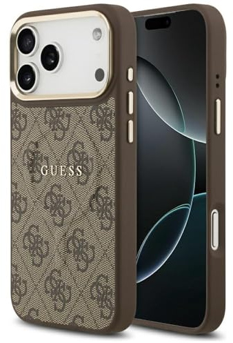 CG MOBILE Guess 4G PU Classic Logo Compatible with MagSafe Case for iPhone 17 Pro Max (Brown)