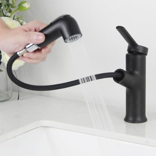 Wasserhahn Bad Schwarz, SEMANEY Waschtischarmatur mit Herausziehbarer Brause, Mischbatterie Waschbecken 2 Wasserstrahlarten, Hochdruck Einhebelmischer Waschbecken Armaturen