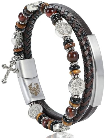 SHIEAGLELD Lederarmband Herren, Armband Herren Katholisches mit Kreuz & St. Benedikt Medaille, Armband Herrens Tigerauge Spirituelles Geschenk für Papa Ehemann Freund Brüder