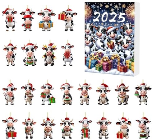 Kuh Adventskalender 2025, 24 Türchen Weihnachts Countdown Kalender Mit 2D Acryl Miniatur Kuh Figur, Rinders Anhänger Ornamente WeihnachtsKalender Für Zuhause, Weihnachtsdekoration