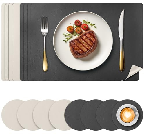 Votoko 8er Set Tischsets Leder und Untersetzer, Platzsets Abwaschbar Doppelseitigen Wasserdicht, Hitzebeständig rutschfest Platzdeckchen, Lederoptik Tischset Platzset für Küche Restaurant, GrauBeige