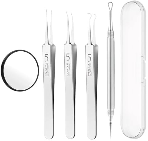 5 Stücke Pickel Werkzeug-Set, Professionelle Pinzette Mitesserentferner, Edelstahl Pickel Pinzette, Blackhead Remover Ausdrücken Werkzeug mit Vergrößerungsspiegel, Milien Entferner,Lanzettennadel Akne