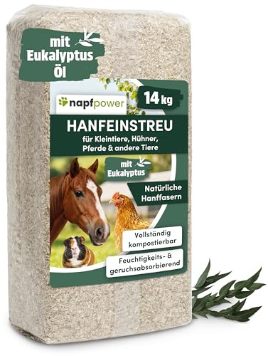 napfpower Hanfeinstreu mit Eukalyptus (14 kg) – für Hühner & Kleintiere | Staubarm, extrem saugfähig & mit Eukalyptusöl. Natürliche Hanffasern zur Feuchtigkeits- & Geruchsabsorption im Stall.