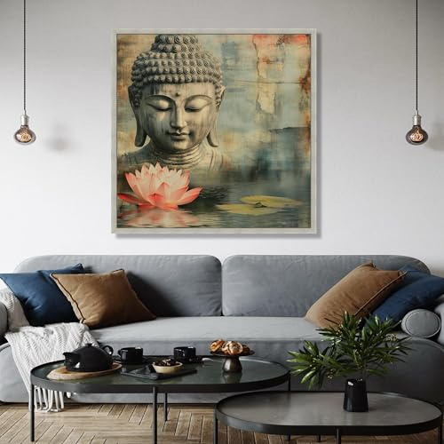 YUSUZHU Buddha-Gesicht auf Leinwand, Lotusblumen-Wasserspiegelung, Zen-Meditations-Wandkunst, spirituelle Wohndekoration, Kunstdruck (40x40cm/Innenrahmen)