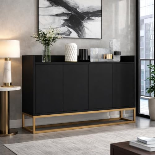 Hoscullo Sideboard Schmal, Beistellschrank für Wohnzimmer, Kommode, griffloses Design, verstellbare Regale, Aufbewahrungsschrank mit Türen, Flurschrank, Schwarz, 120x30x80cm(BxTxH)
