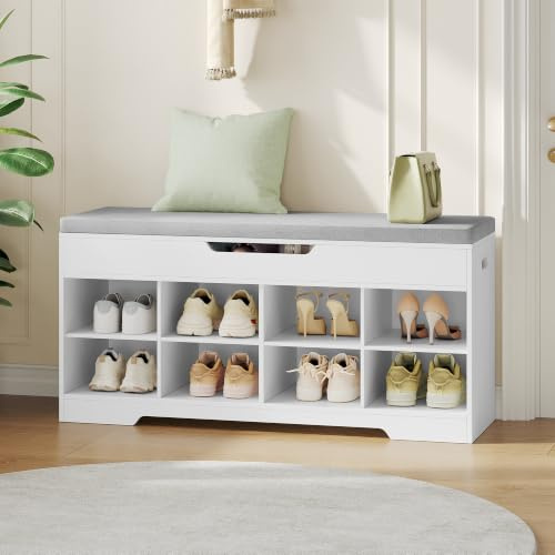 Fobyfurny Schuhbank, Sitzbank mit Stauraum, 104 x 32 x 50 cm, Leinenweiß | Schuhschrank mit Sitzfläche, 8 offene Fächer, Fach unter Sitzkissen, für Flur, Schlafzimmer, Eingangsbereich, FFXD208PW1