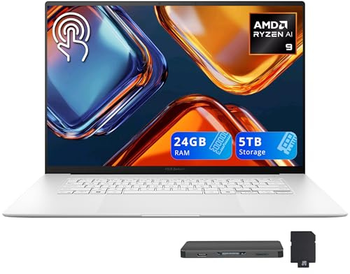 ASUS Zenbook S 16 16 3K Touchscreen Laptop, AMD Ryzen AI 9 365, 24GB RAM, 5TB Storage (4TB SSD+1TB Docking Station Set), AMD Radeon 880M, Backlit Keyboard, FHD Camera, Wi-Fi 7, Win 11, White