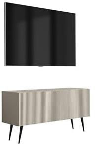 3E 3xE living.com TV-Schrank mit geriffelter Front, Kaschmir, Schwarze, schräge Beine, 100 × 32 × 52 cm