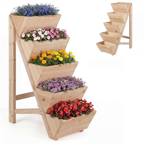 HOMASIS Jardiniere sur Pieds en Bois de Étages, Bac Jardinage Potager Surélevé d’Escalier avec Plates-Lits en V et Base Triangulaire Stable, pour Herbes, Fleurs, Légumes (Nature, 53,5x30x74,5cm)
