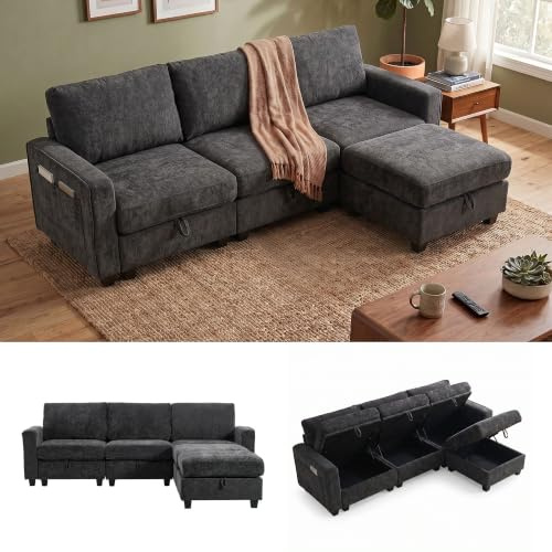 Modulares Ecksofa mit Schlaffunktion & Stauraum (3 Sitzer-1 Hocker-Grau) | Cloud Couch, Wohnlandschaft U-Form, 251 cm Breit, Seitentache & Abnehmbare Bezüge, für Wohnzimmer, Chenille-Stoff