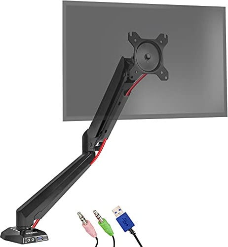 Duronic Gas-Powered Monitor Arm Stand DMUSB5X1 | Single PC Desk Mount | Headphone, USB, Microphone Sockets | 13-27” LED LCD Screen | VESA 75/100 | Full Motion: Tilt -90°/+85°, Swivel 180°, Rotate 360°