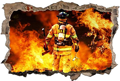 3D Wandtattoo Mauerloch Wandsticker Wandaufkleber Durchbruch selbstklebend Schlafzimmer Wohnzimmer Kinderzimmer,Feuerwehrmann mit Axt,Größe: 80x120cm
