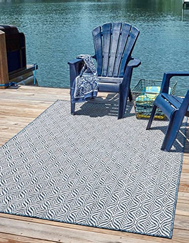 Unique Loom Outdoor Trellis Collection Area Rug - Deco Trellis (4' 1 x 6' 1 Rectangle, Blue/ Ivory)