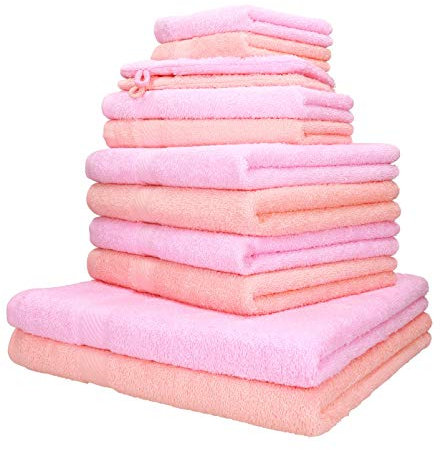 Betz 12-TLG. Handtuch-Set Palermo 100% Baumwolle 2 Liegetücher 4 Handtücher 2 Gästetücher 2 Seiftücher 2 Waschhandschuhe Farbe apricot und rosé