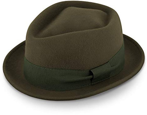 fiebig Medlock Pork Pie Diamond mit Ripsband | 100% Wollfilzhut für Damen und Herren | Angenehm Leichter Sitz im Sommer und Winter | Wollfilzhut Made in Italy (59-L, Olivgrün)