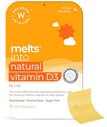 Wellbeing Nutrition Melts Natürliches Vitamin D3 + K2 Nahrungsergänzungsmittel für Immunität, Herz, Muskel, Knochen, Zellschutz | Vitashine, Resveterol & MenaquinGold | 30 Mundstreifen