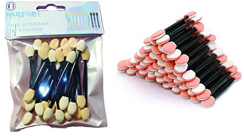 PARENCE - Lot de 20 Brosse Fard à paupière Pinceau à paupières jetable, Fard à Paupières Outils de Maquillage,double face, éponge avec pointe,pour Application de Maquillage 20 brosses Noir/Beig)