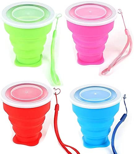 Lostwry 4 Stück Faltbare Silikon-Becher, Faltbarer Reisebecher mit Deckel Wiederverwendbares tragbares Becherset für Picknick, Camping, Outdoor-Wanderreisen