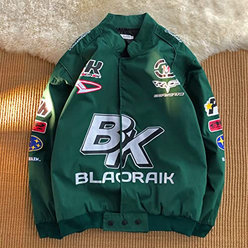 Niche Jacket Trend Letter Print American High Street Heavy Industry Embroidered Racing Coat Motorcycle Suit Bomber Men Jacket-Green,L