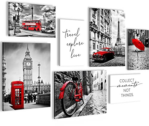 Novart Wandbilder London Paris Städte - KOMPLETT AUFHÄNGFERTIG - Schwarz Rot Wohnzimmer Schlafzimmer - 7 Moderne Mood-Bilder - N024571a