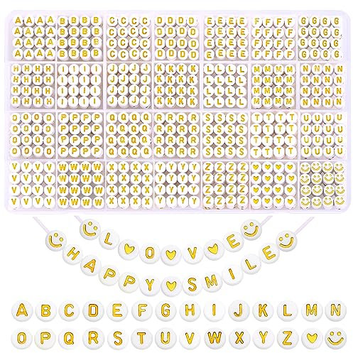 DTYDECLE 1400pcs Gold Alphabet Beads, A-Z 7mm Acrylic White Round Spacer Letter Beads Kits for DIY Necklace Bracelet Jewelry Making