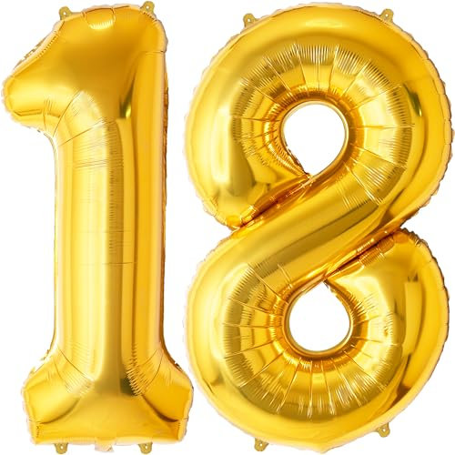 FUNFEST Palloncini dorati per il 18° compleanno da 100 cm – Decorazione per palloncini di compleanno – Include palloncino XL per il 18° compleanno e cannuccia – Vola con elio