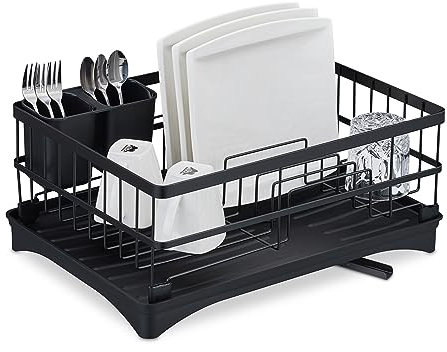 Relaxdays Dish Drainer, with Drainage, Drying Rack for Plates, Bowls, Cups, HWD: 18 x 42 x 30 cm, Crockery Holder, Black