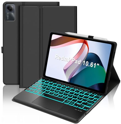 Teclado con Trackpad para Xiaomi Redmi Pad 10.61, Teclado Retroiluminado Bluetooth Inalámbrico Desmontable con Funda Protectora y Touchpad para Tablet Xiaomi Redmi Pad 10.61 Pulgadas 2022, Negro