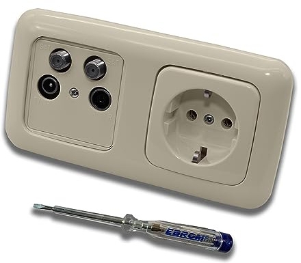 Busch Jäger SET: Unterputz 4-Loch Dose 40-2400 MHz, Enddose Stichdose, Radio/TV/SAT1 & SAT2. Inkl. DURO2000 cremeweiß 2fach Rahmen, Steckdose 20 EUC-212 + EBROM Phasenprüfer zur Montage der Geräte