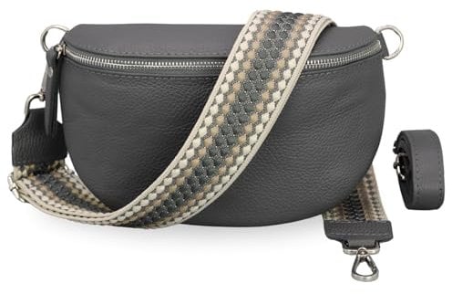 BRISE Bauchtasche Damen Echtleder SAHEL Silber Handgemachte Umhängetasche Crossbody Bag Hüfttasche mit Ledergurt + Optionalen Breiten Gemusterten Riemen Made in Italy (Dunkelgrau-Silber 2)